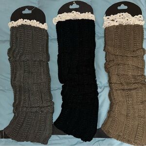 Knit Leg Warmers with Lace Trim - Gray, Black, and Brown